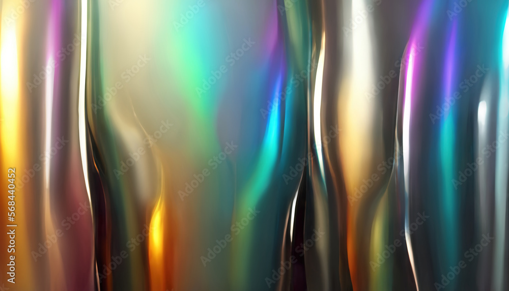 Naklejka premium Neon glow glossy background. Chrome shimmer. Blur multicolor rainbow green blue golden purple gradient flare holographic abstract illustration.