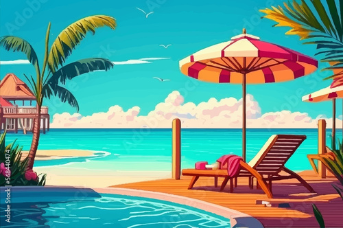 Beautiful tropical beach and sea with umbrella and chair around swimming pool in hotel resort for travel and vacation. Generative AI © bahadirbermekphoto