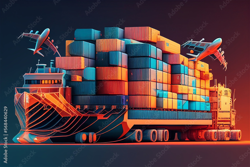 Container Ship plane cargo supply chain visualization, illustration