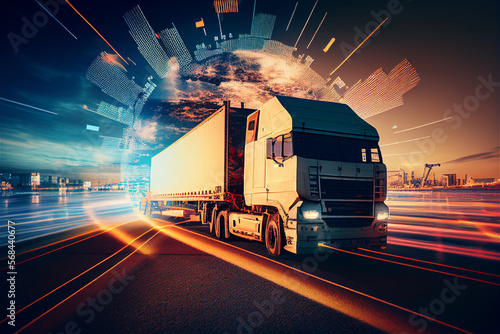 Truck, Container cargo supply chain visualization, illustration Generative Ai 