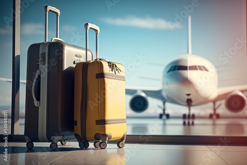 travel bags with airplane on runway as background, Generative Ai