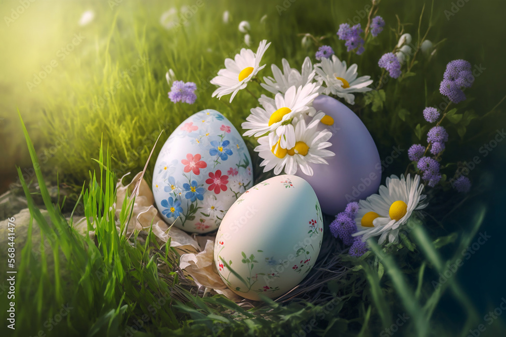 Colorful eggs for Easter in a meadow with flowers and flying butterflies around. Generative AI