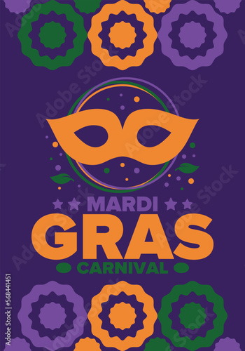 Mardi Gras Carnival in New Orleans. Fat Tuesday. Traditional holiday  celebration annual. Folk festival  costume masquerade  fun party. Carnival mask. Poster  card  banner and background. Vector