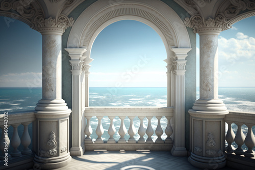 a view of the sea from the balcony arch. wide angle. Generative AI photo