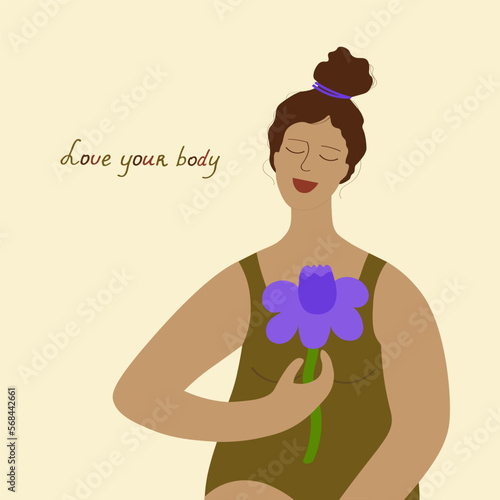 Body Positive. Cute flat vector illustration depicting a smiling character with a flower. A call for love and your body The inscription is written by hand