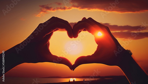 Female hands make heart shape on sunset sky background  Generative AI