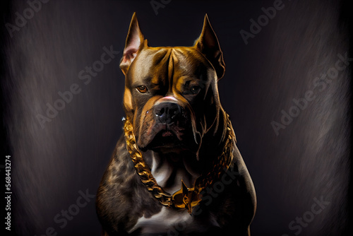 American Bully dog with gold chain on black background. Generative AI.