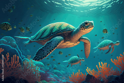 Sea turtles swim subaquatally. turtles of the deep. underwater scene with sea turtles. closeup of a sea turtle underwater. Generative AI © AkuAku