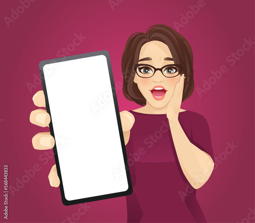 Astonished surprised mature woman showing blank phone screen vector illustration 
