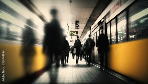 illustration of urban rush hour at underground train transit with blur defocused crowd of people, Generative Ai