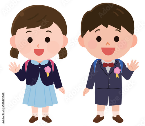 フォーマルな服装で手を振る男の子と女の子　入学式や卒業式　イラスト