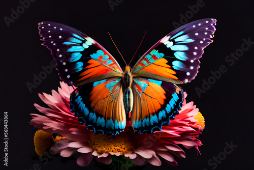 Beautiful butterfly on a flower on a black background.  Generative AI © EwaStudio