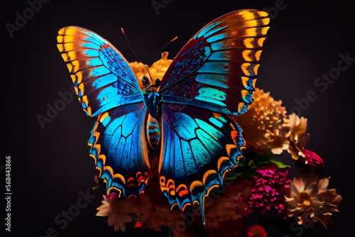 Beautiful butterfly on a flower on a black background. Generative AI