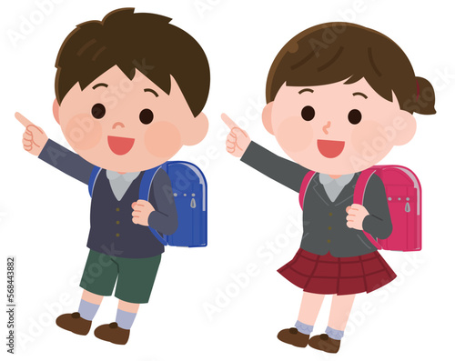 ランドセルを背負う元気な小学生の男の子と女の子　イラスト