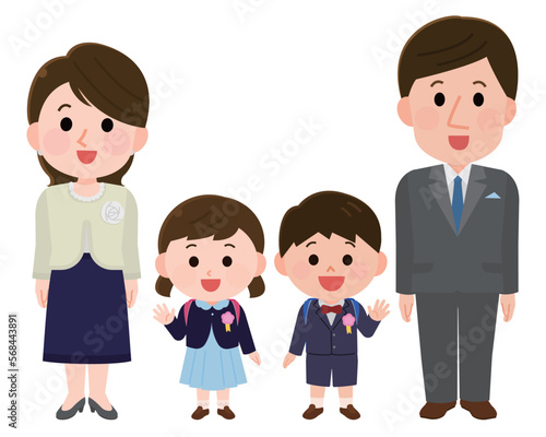 フォーマルな服装で笑顔の家族4人　入学式や卒業式　イラスト