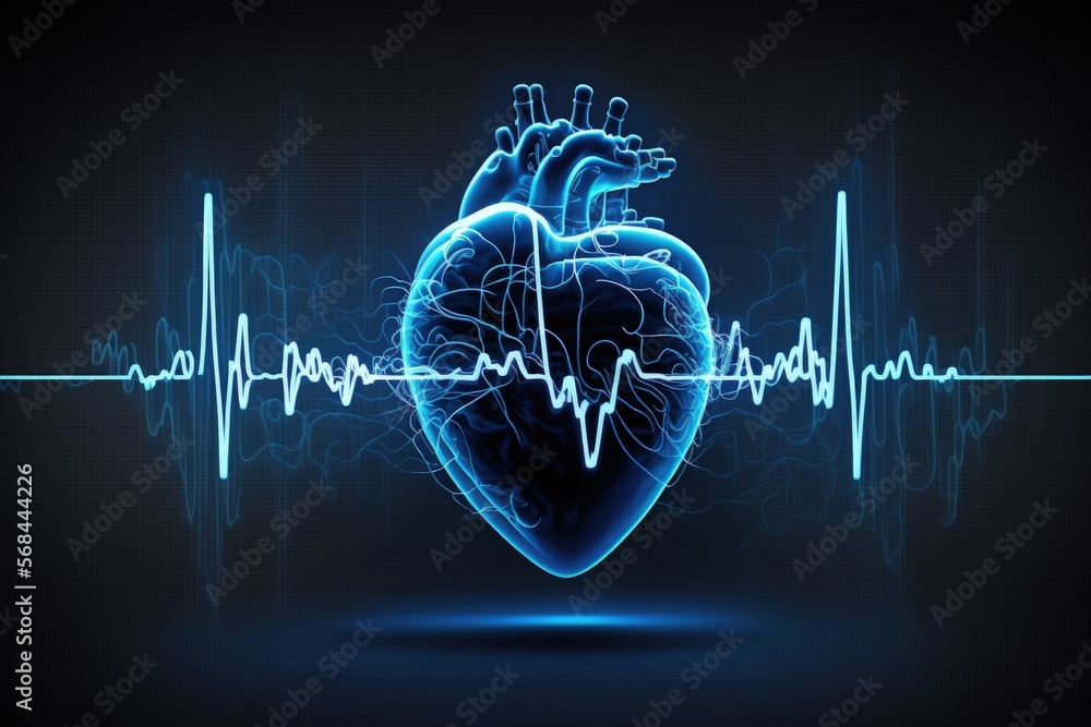 Obraz premium Illustration with heart and heartbeat graphic, blue background. Generative AI