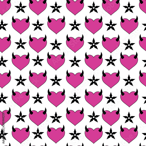 Emo  goth semless patternwith devil heart and shuriken.Y2k wallpaper, fabric, background, print. 90s, 00's heart shaped graphic in glam style