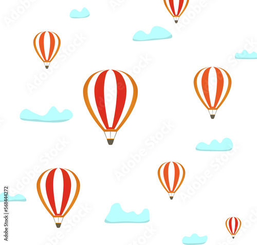 hot air baloons flying with clouds. Flat cartoon vector illustration. Fantasy, imagination, study background. kids pattern.