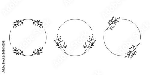 Set of black round frames from leaves. Laurel wreaths. Collection of floral frames. Decorative natural elements for design. Frames in line art style