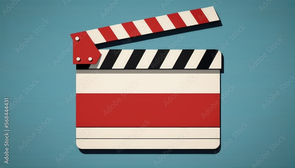 Film production clapperboard illustration, blue and red background. Generative AI