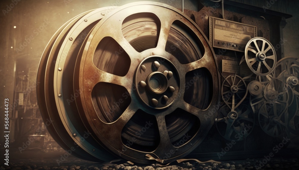 Obraz premium Illustration with old cinema film reels, background. Generative AI
