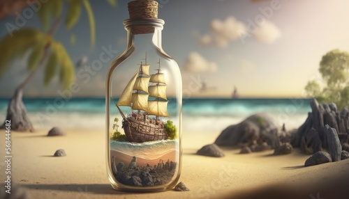 Pirate ship inside a glass bottle, island, sea and sky in the background. Generative AI