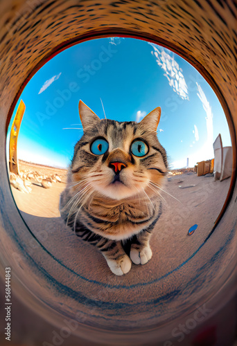 Close-up portrait of a cat with the effect of a wide-angle lens illustration. Image generated by AI.