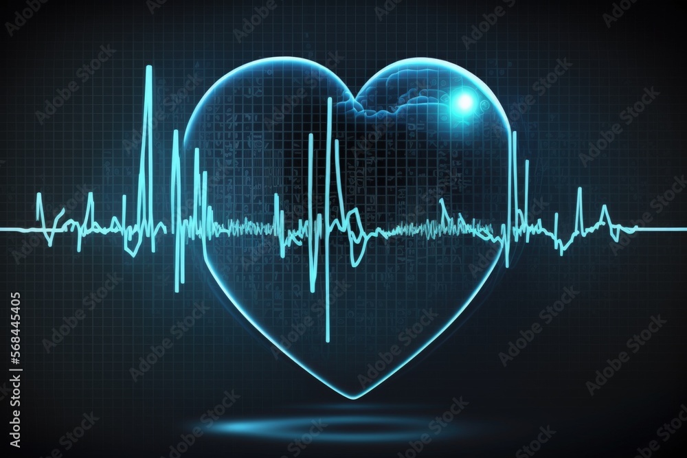 Illustration with heart and heartbeat graphic, blue background. Generative AI
