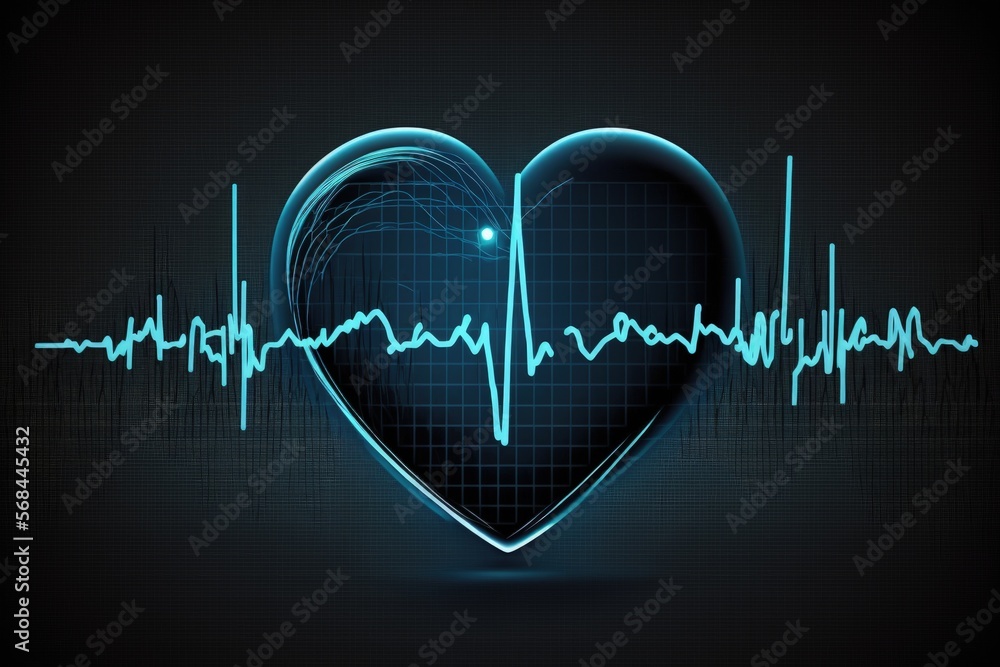 Obraz premium Illustration with heart and heartbeat graphic, blue background. Generative AI