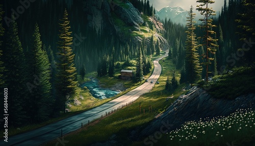 Coniferous forest along side the long countryside road, Generative Ai © QuietWord
