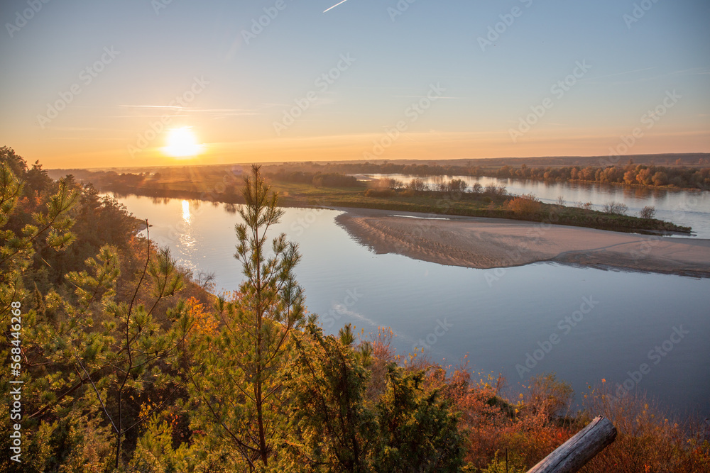 Sunset with a view of the Vistula River in Mięćmierz, Poland