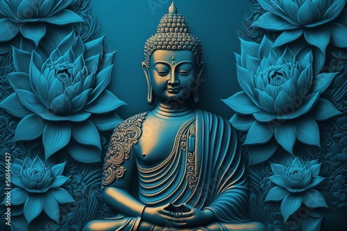 Fototapeta Buddha statue water lotus Buddha standing on lotus flower on orange background G
