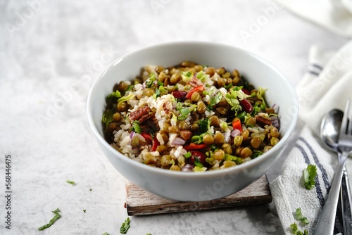 Homemade lentil brown rice salad with vegetables | Healthy eating concept, selective focus
