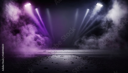 purple, spotlights shine on stage floor in dark room, idea for background, backdrop, mock up, Generative Ai 