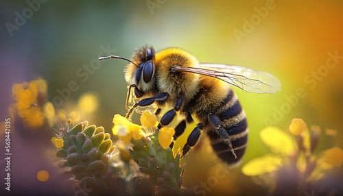close up honey bee is collecting nectar from wildflower, Generative Ai   © QuietWord