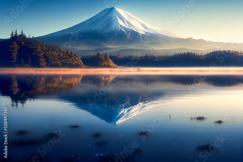 Fuji Mountain And Lake. Generative AI.