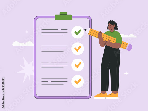 Girl holding a big pencil and making notes on a checklist fixed to clipboard. Business organization and achievements of goals concept. Vector illustration isolated on background in flat cartoon style