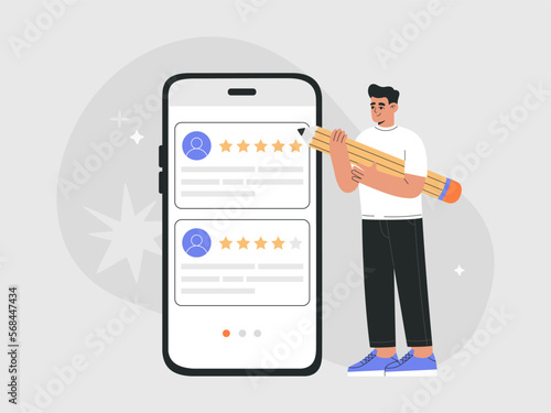 Man with big pencil giving feedback review on phone screen. Customer satisfaction rating, consumer online survey. Hand drawn vector illustration isolated on background, flat cartoon style