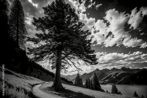 Greyscale image taken from a low perspective showing a lovely tree under the sky's clouds. Generative AI
