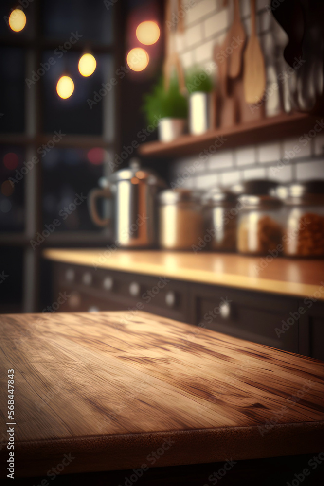 Wood table top on blur kitchen counter room background, generative ai