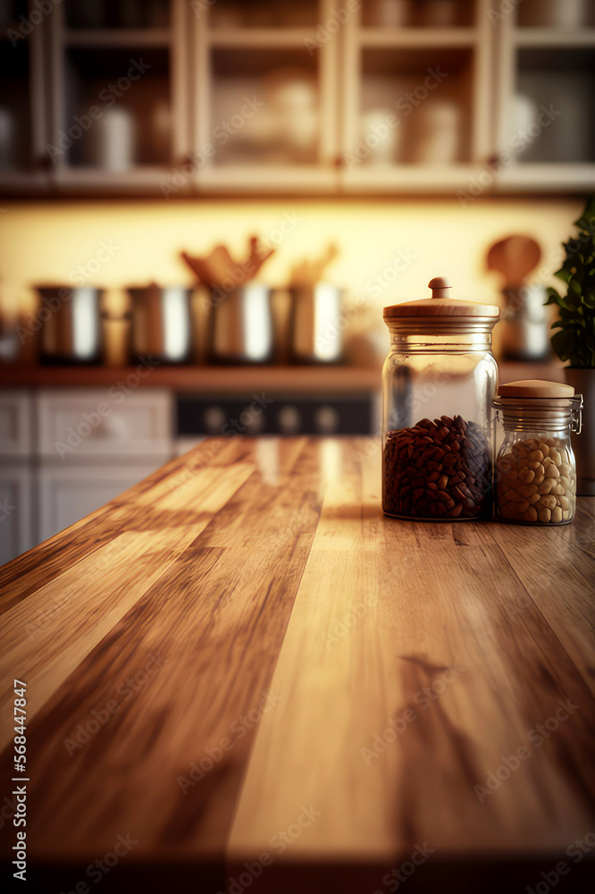Wood table top on blur kitchen counter room background, generative ai Wood table top on blur kitchen counter room background, generative ai