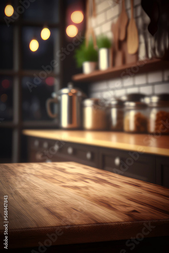 Wood table top on blur kitchen counter room background, generative ai