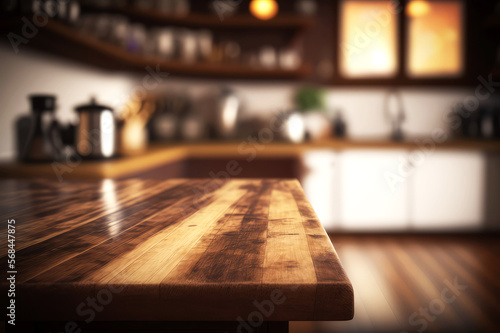 Wood table top on blur kitchen counter room background, generative ai © Fatih Nizam