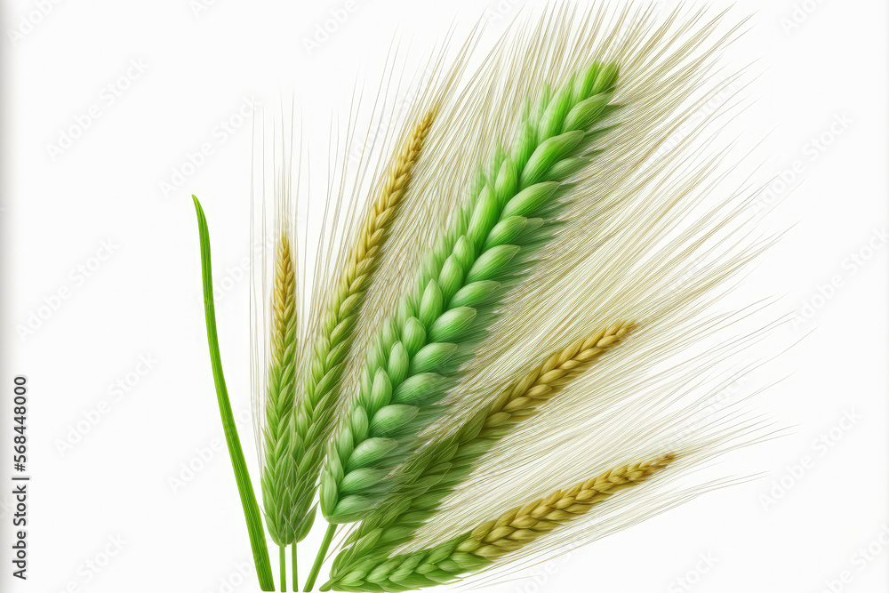 Fototapeta premium Wheat ear in green, isolated on a white background. Generative AI