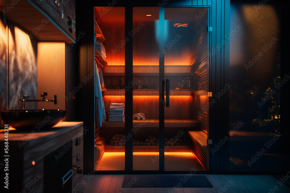 Home wooden sauna, spa room. Generative AI. Home wooden sauna, spa room. Generative AI.