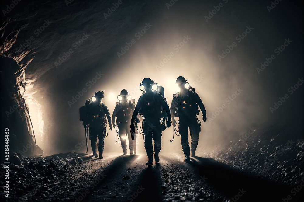 Silhouette of miners with headlamps entering underground coal mine. Generation AI