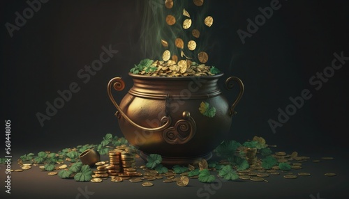 St Patricks pot with gold coins and clovers, generative ai