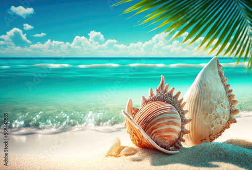 beach holiday background, seashells on seashore in tropical beach summer, generative ai