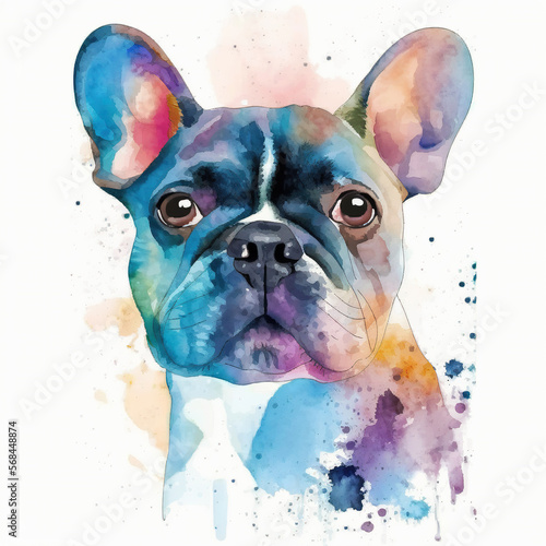 Watercolor French Bulldog Dog, Illustration Generative AI