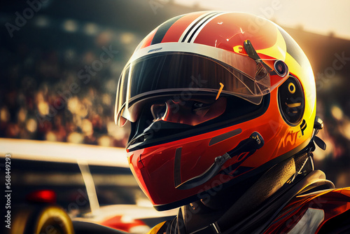 Race driver with helmet Sports car race track Design. High quality Ai generated illustration.